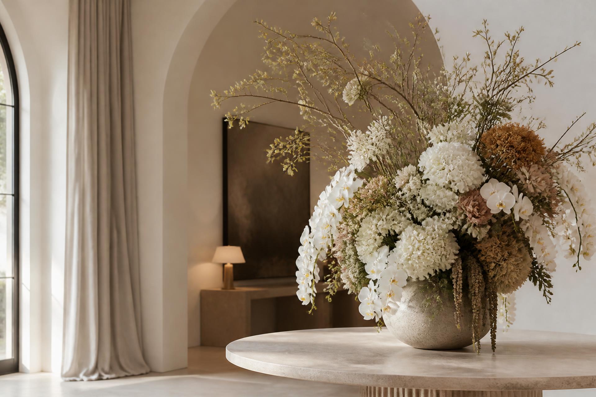 Arranjo de flores permanentes premium em ambiente sofisticado